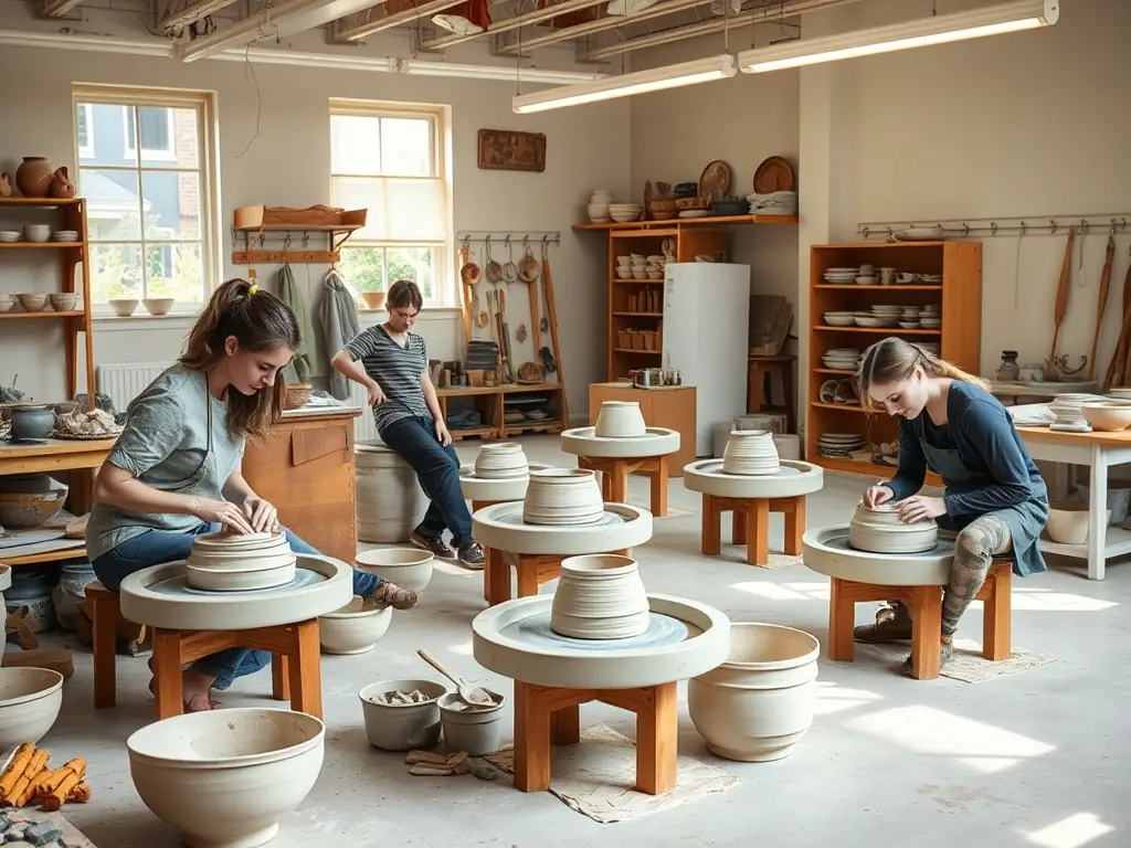 A photograph capturing a pottery workshop in progress, with participants shaping clay on spinning wheels, showcasing the tactile and creative process.