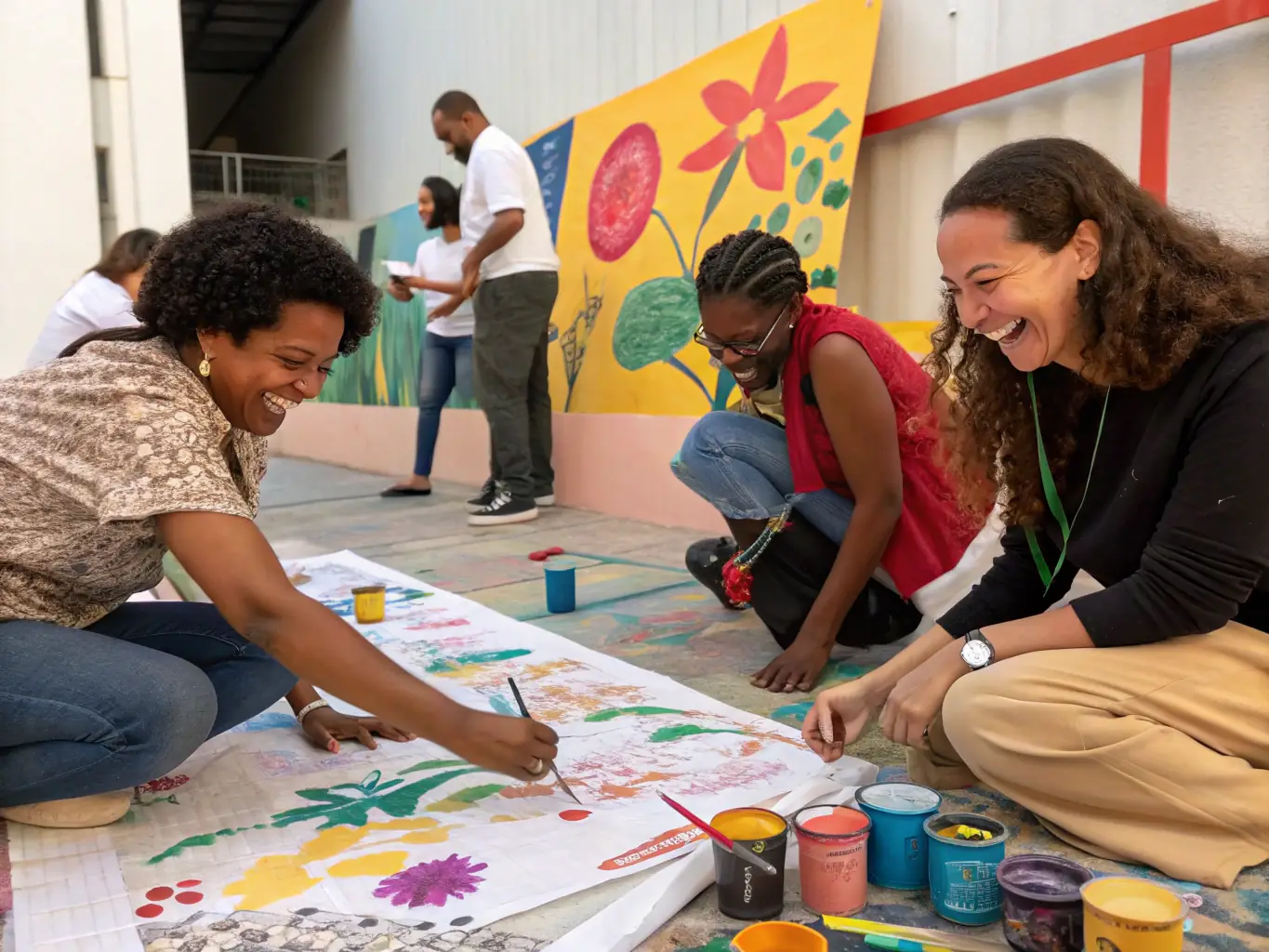A heartwarming image of different generations collaborating on an art project, highlighting the intergenerational aspect of the workshop.
