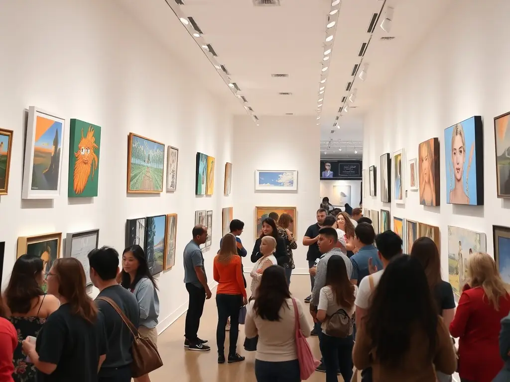A captivating image of the Transcultural Art Exhibition 2022, featuring a diverse collection of artworks from various cultures displayed in a gallery setting, with visitors admiring the pieces.