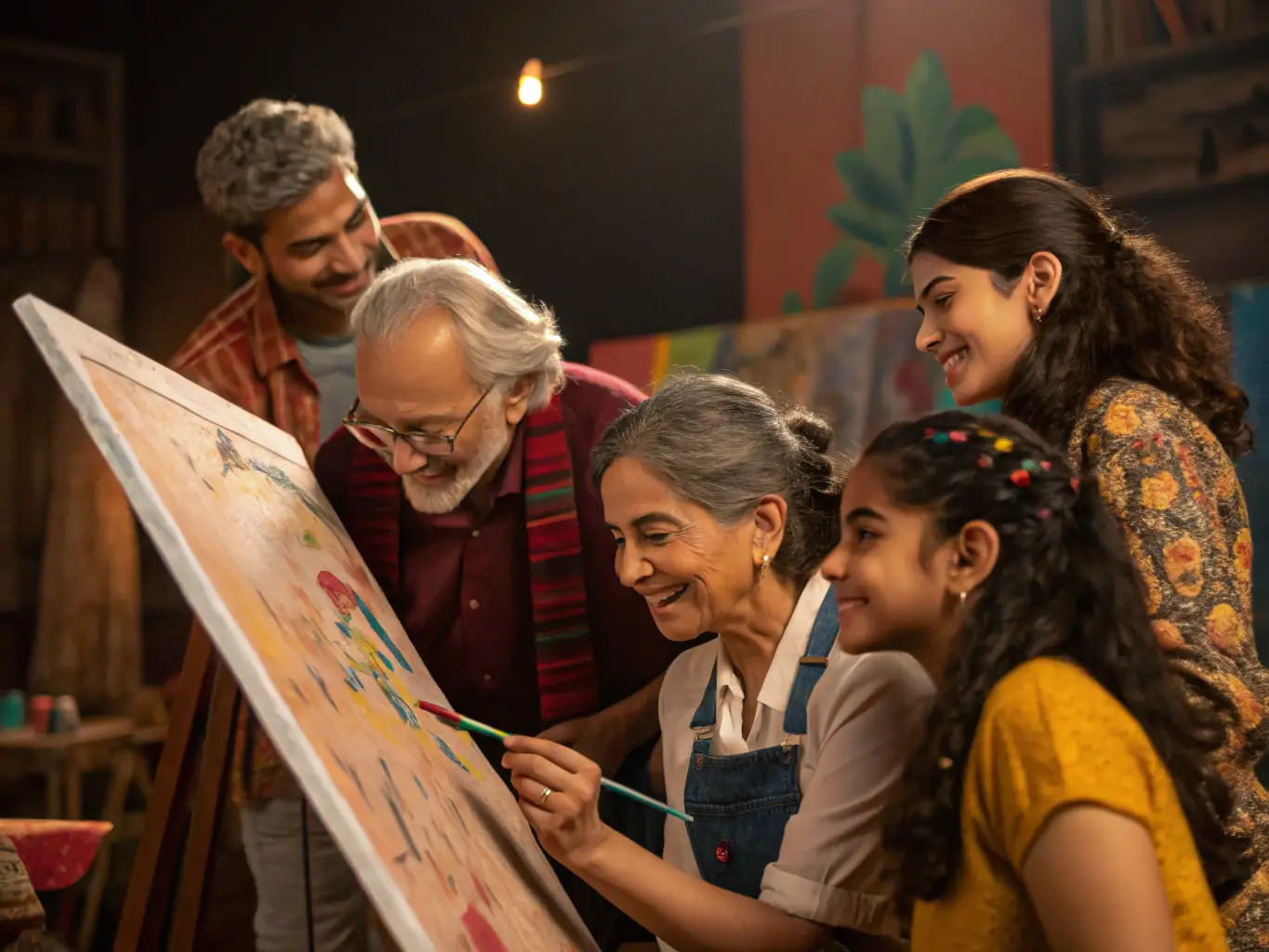 A vibrant photograph capturing a collaborative painting session during one of Les Muses d'Apollon's intergenerational workshops, showcasing participants of different ages working together on a large canvas with bright colors and various art supplies.