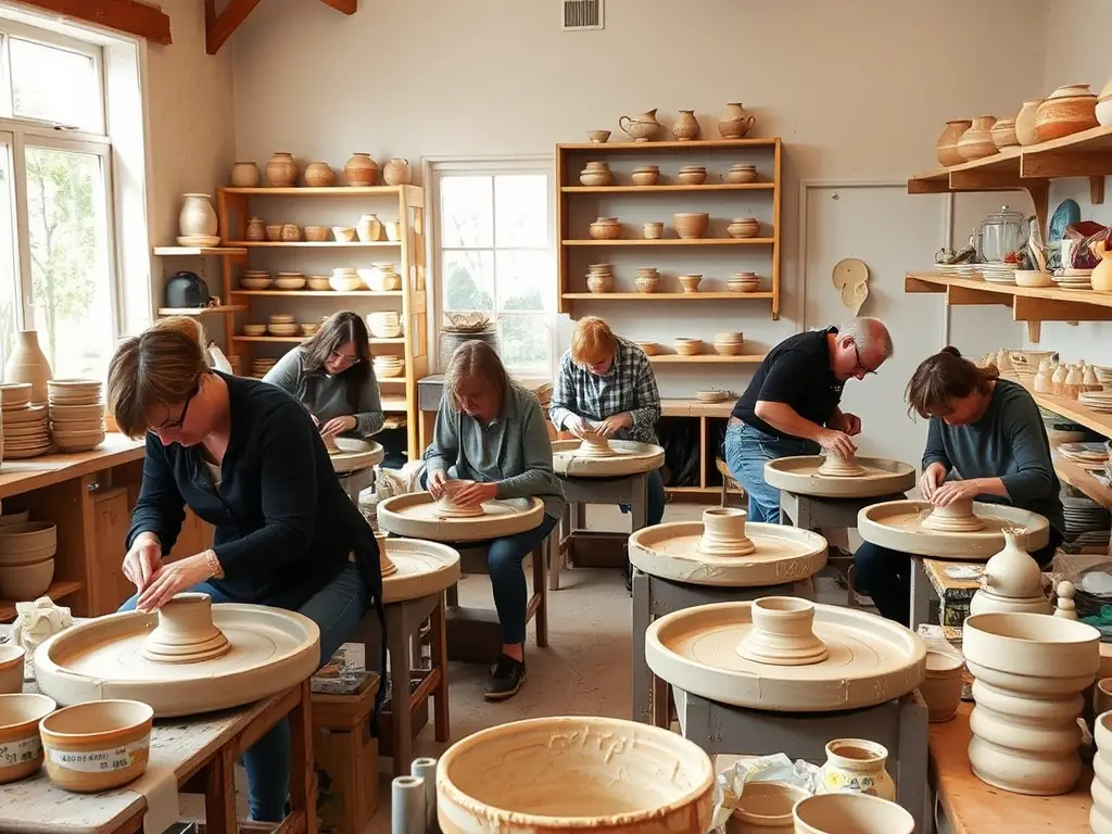 A vibrant image of participants engaged in a pottery workshop, hands covered in clay, showcasing the tactile and expressive nature of the activity.