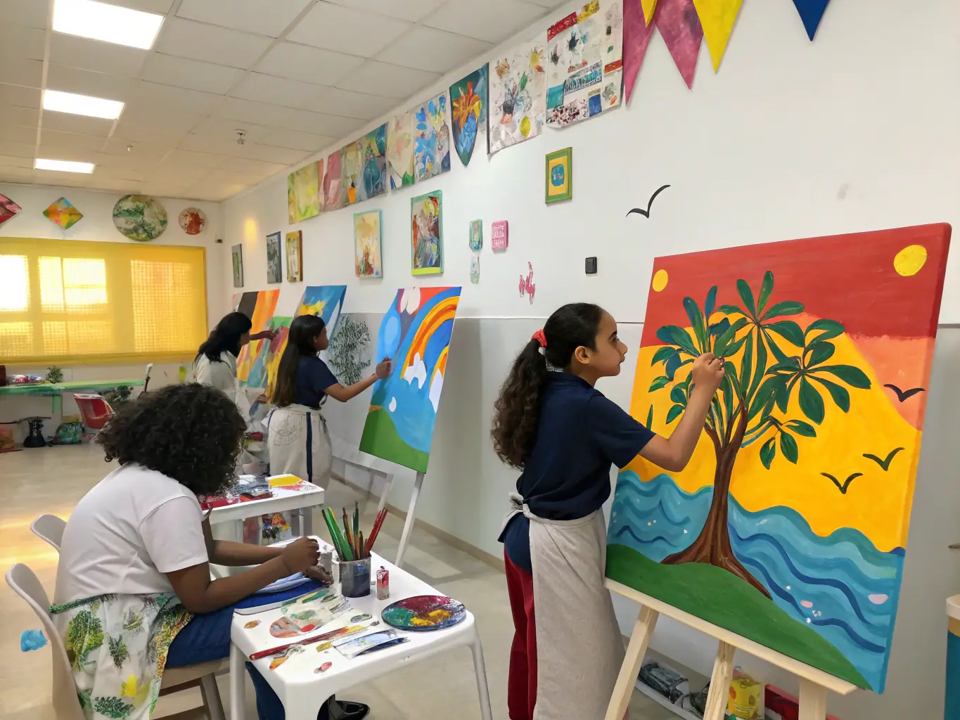 A vibrant image of a painting class, featuring participants experimenting with colors and brushstrokes on canvases, reflecting the joy of artistic expression.