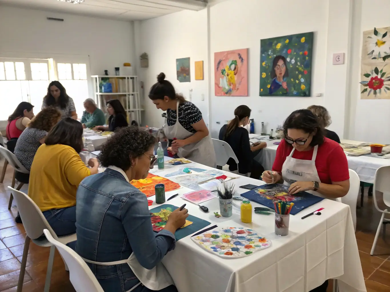 A dynamic shot of an artistic workshop in progress, with participants actively engaged in creating various art pieces, surrounded by art supplies and tools, reflecting the energy and creativity of the session.